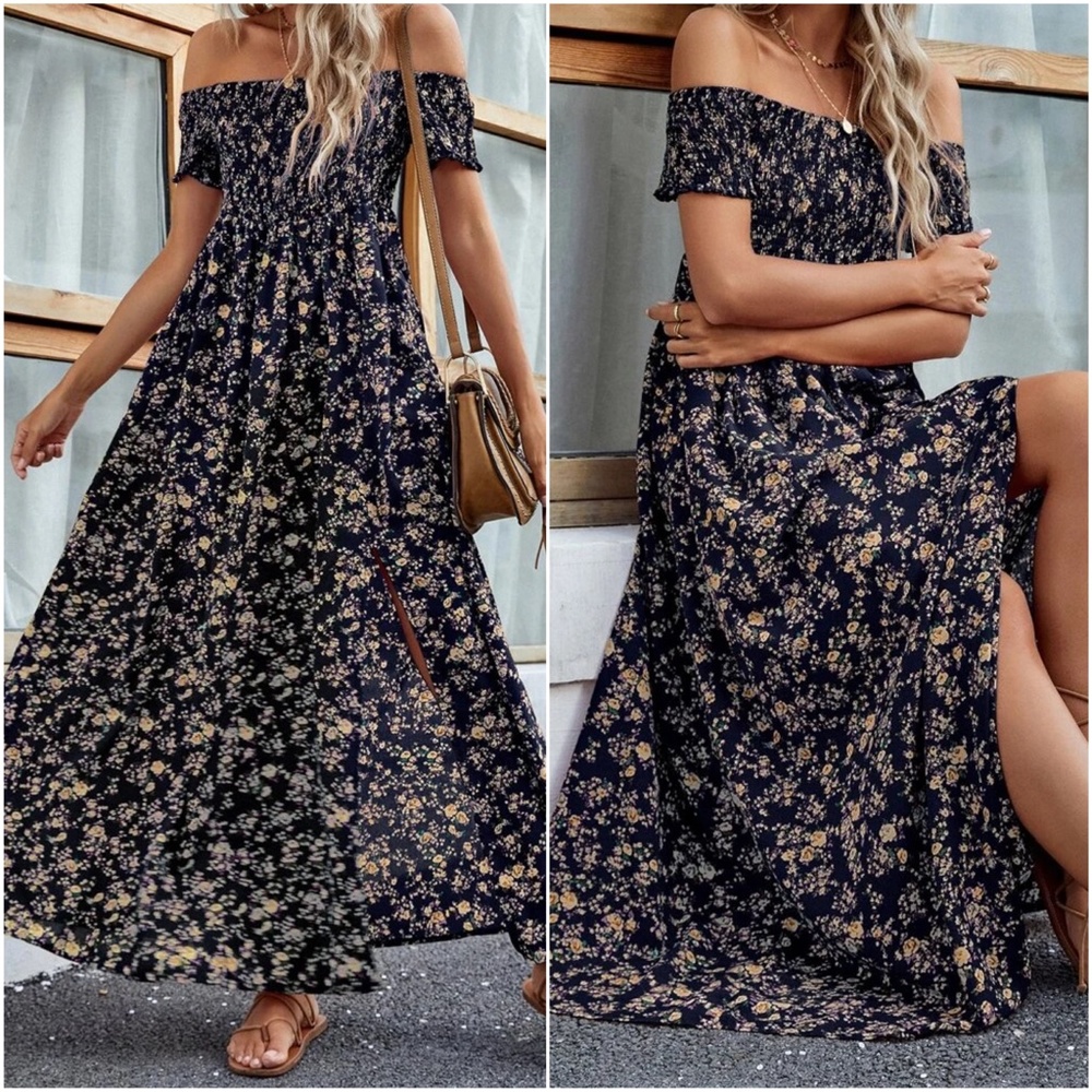 Boho Floral Print Off Shoulder Maxi Dress - Picture 3 of 8